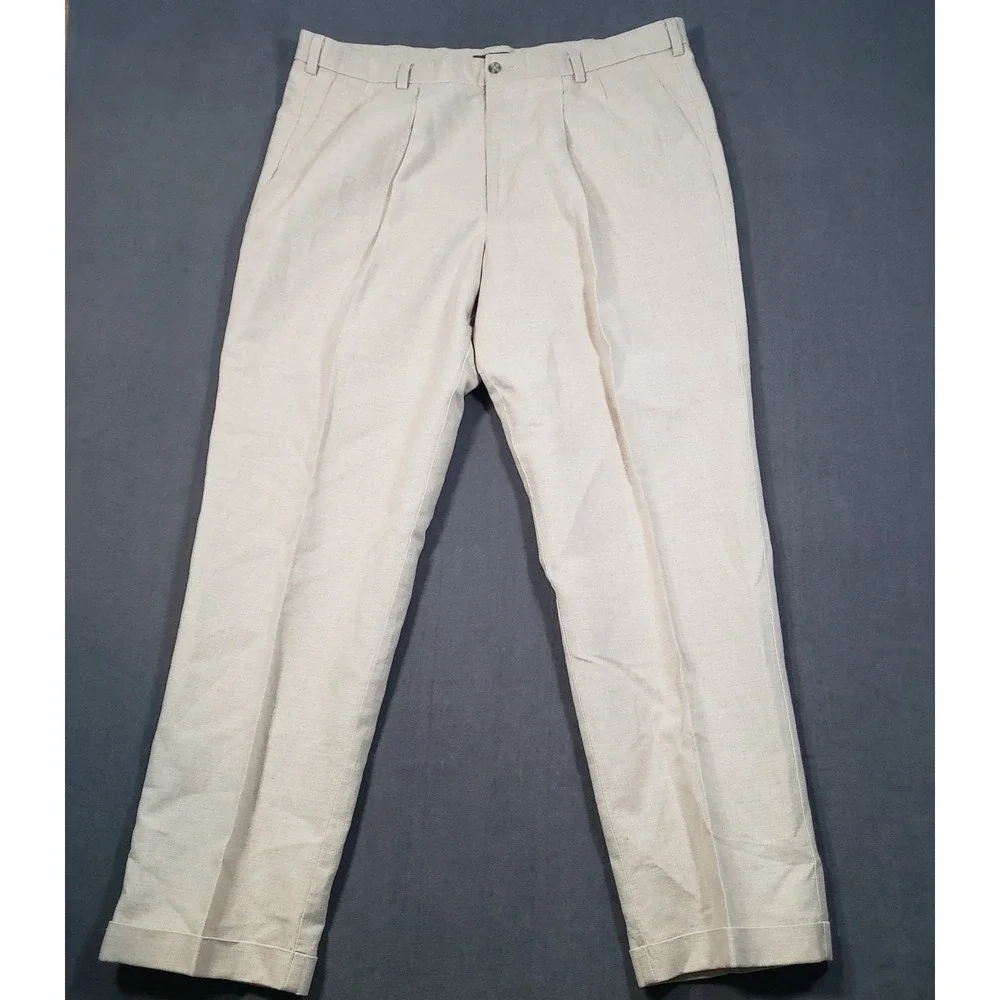 Dockers Trousers Mens W40 L32 Beige Linen Cotton Pleated Relaxed Fit